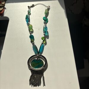 Silver and Blue Beaded Necklace with Fringe